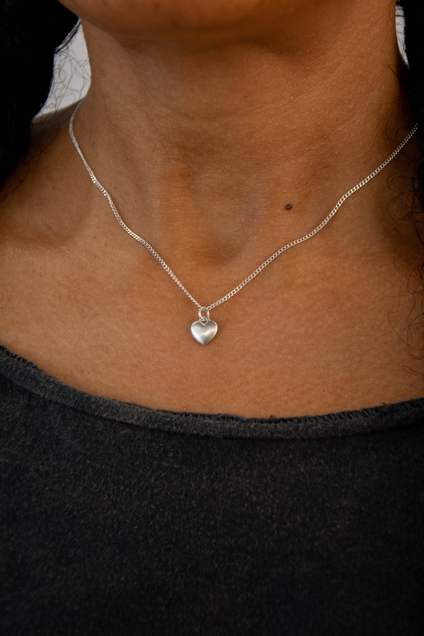 Solid sterling silver 925 heart charm necklace handmade in Asheville NC.
