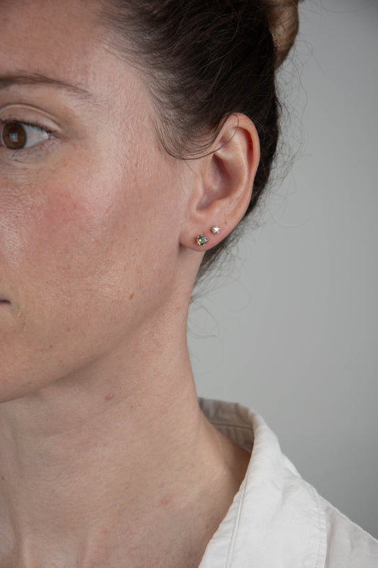 Solid 14k gold and sterling silver 925 stud earrings with Montana sapphire and lab-grown diamonds, handmade in Asheville NC. 